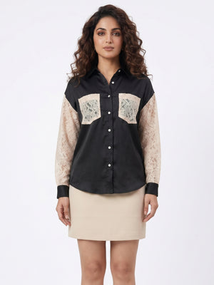 Women Black Satin Shirt | Luxe Lace Detail with Modern Elegance