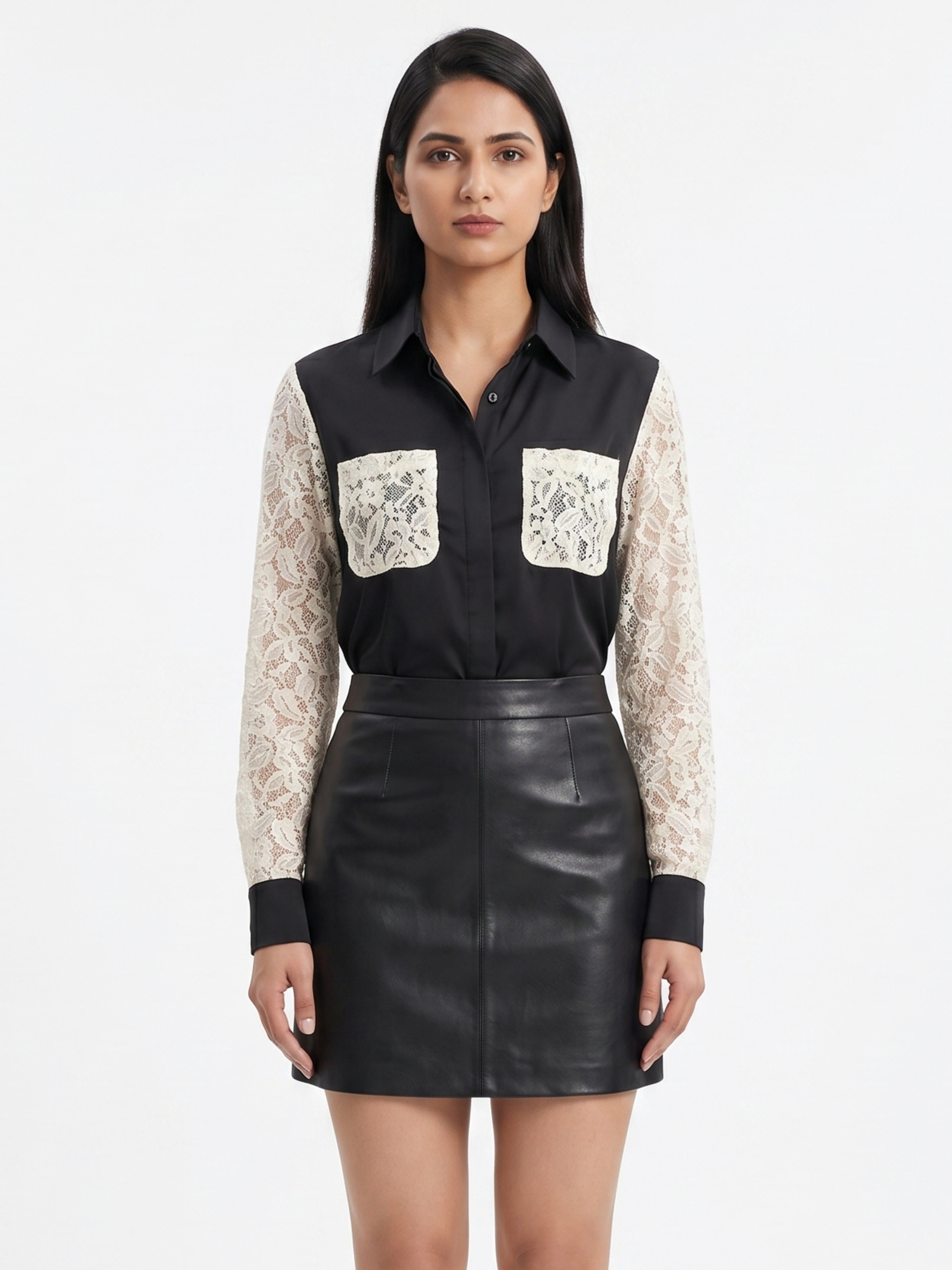 Women Black Satin Shirt | Luxe Lace Detail with Modern Elegance