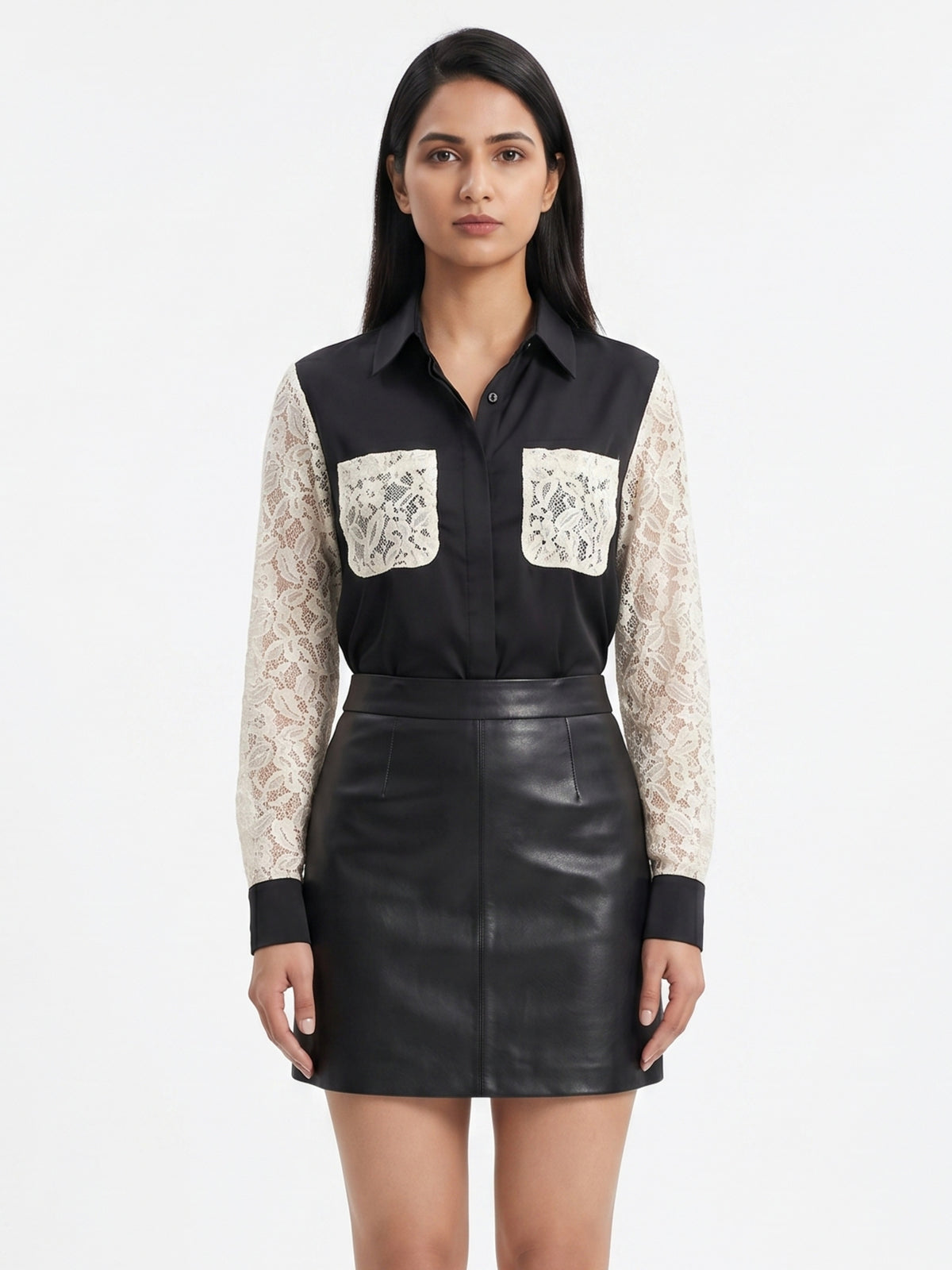 Women Black Satin Shirt | Luxe Lace Detail with Modern Elegance