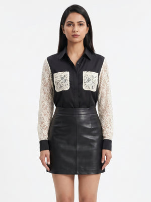 Women Black Satin Shirt | Luxe Lace Detail with Modern Elegance