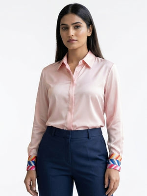 Women Blush Satin Shirt | Minimal Luxe with Playful Stripe cuff