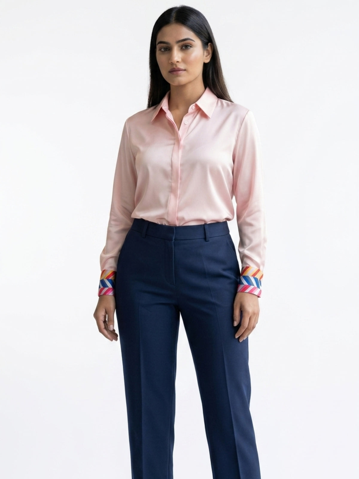 Women Blush Satin Shirt | Minimal Luxe with Playful Stripe cuff