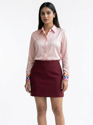 Women Blush Satin Shirt | Minimal Luxe with Playful Stripe cuff