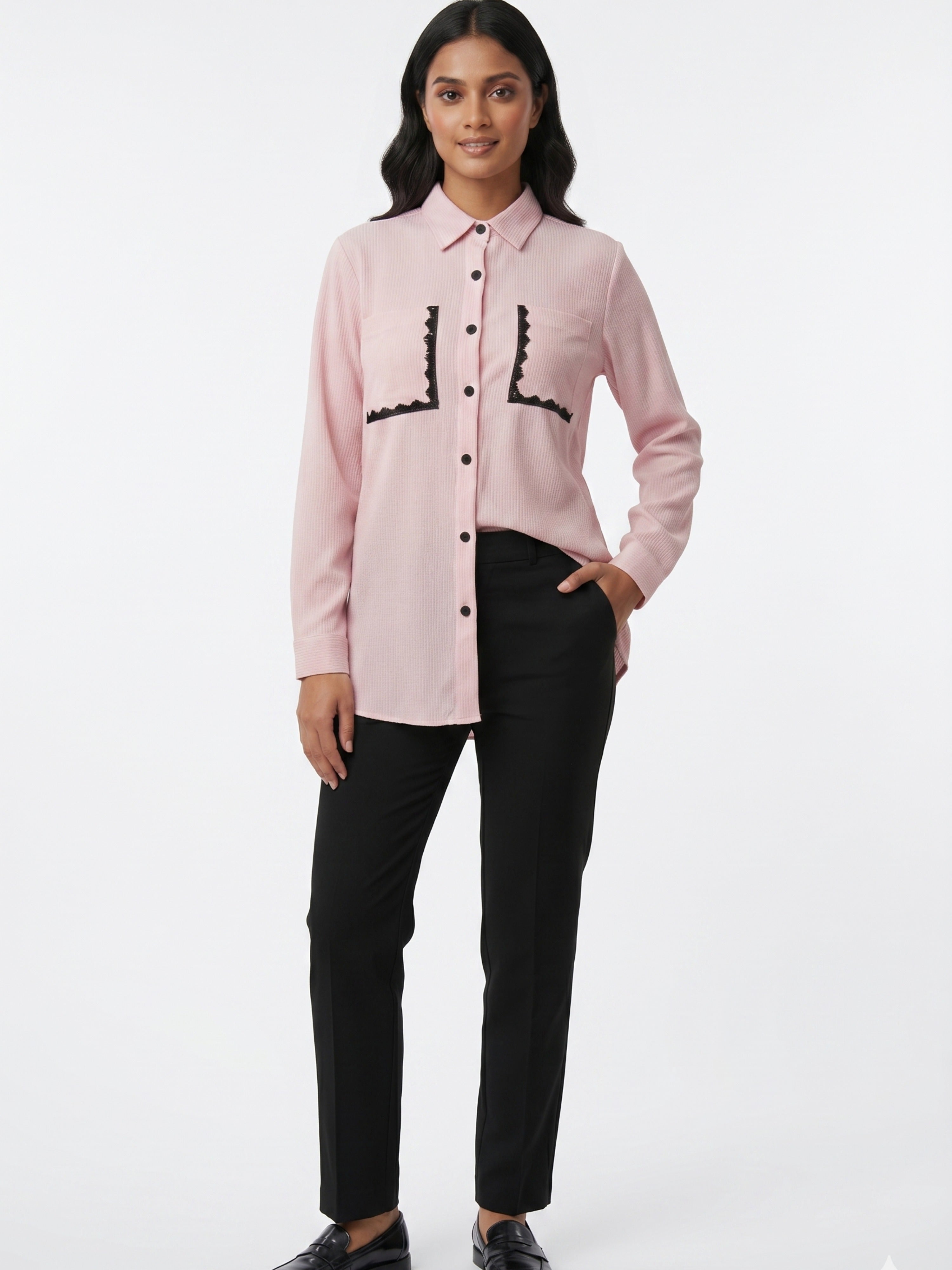 Blush Pink Textured Shirt with Contrast Lace Trim Pockets – Chic Elegant Statement Shirt