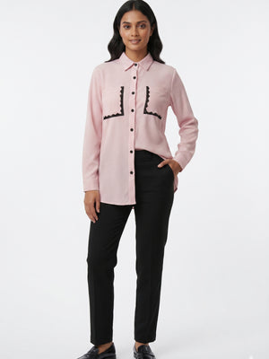 Blush Pink Textured Shirt with Contrast Lace Trim Pockets – Chic Elegant Statement Shirt