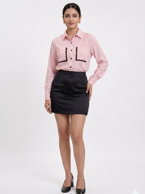 Blush Pink Textured Shirt with Contrast Lace Trim Pockets – Chic Elegant Statement Shirt