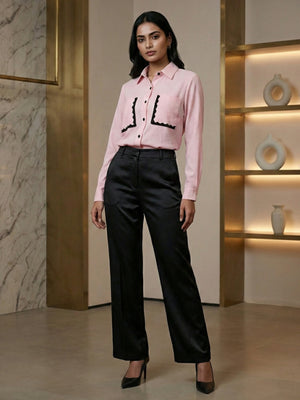 Blush Pink Textured Shirt with Contrast Lace Trim Pockets – Chic Elegant Statement Shirt