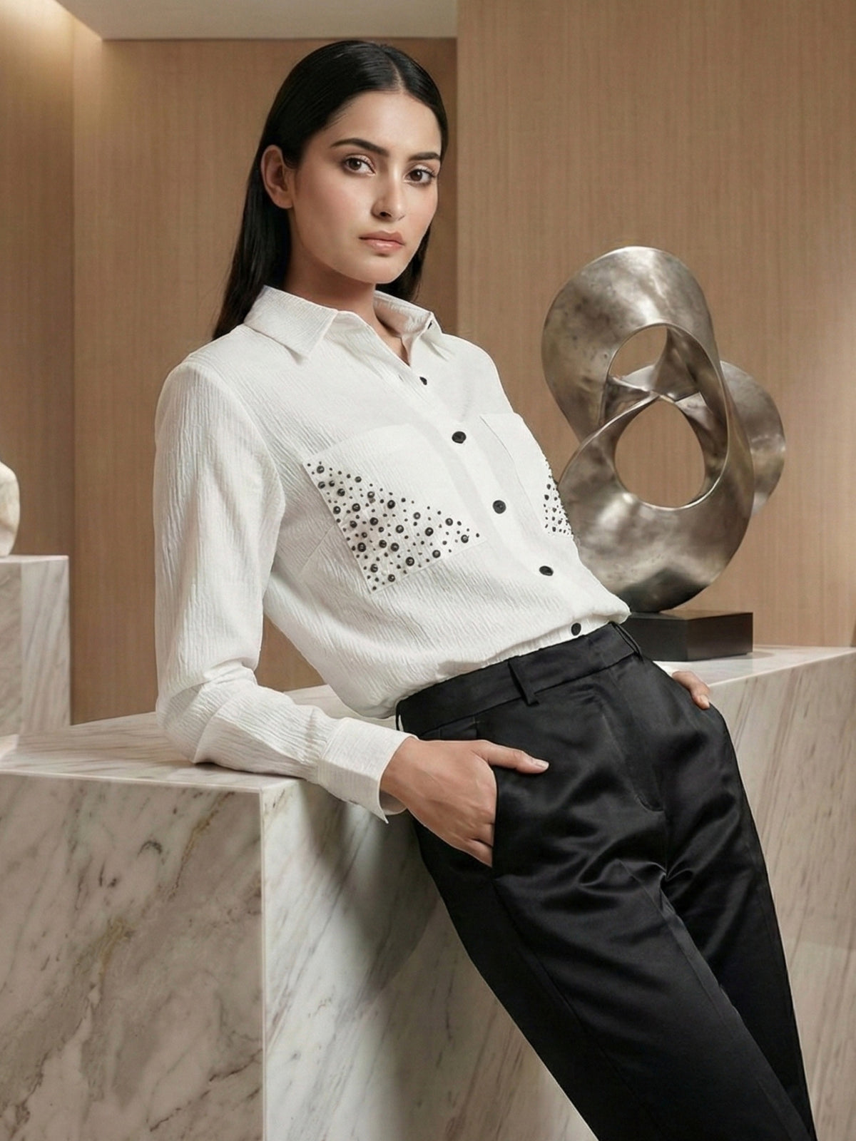 Ivory White Textured Shirt with Studded Pocket Detailing – Elegant Casual Statement Shirt