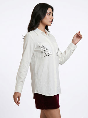 Ivory White Textured Shirt with Studded Pocket Detailing – Elegant Casual Statement Shirt