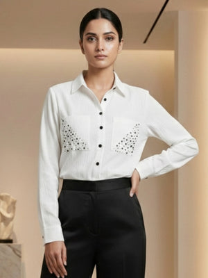 Ivory White Textured Shirt with Studded Pocket Detailing – Elegant Casual Statement Shirt