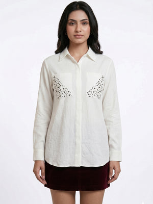 Ivory White Textured Shirt with Studded Pocket Detailing – Elegant Casual Statement Shirt
