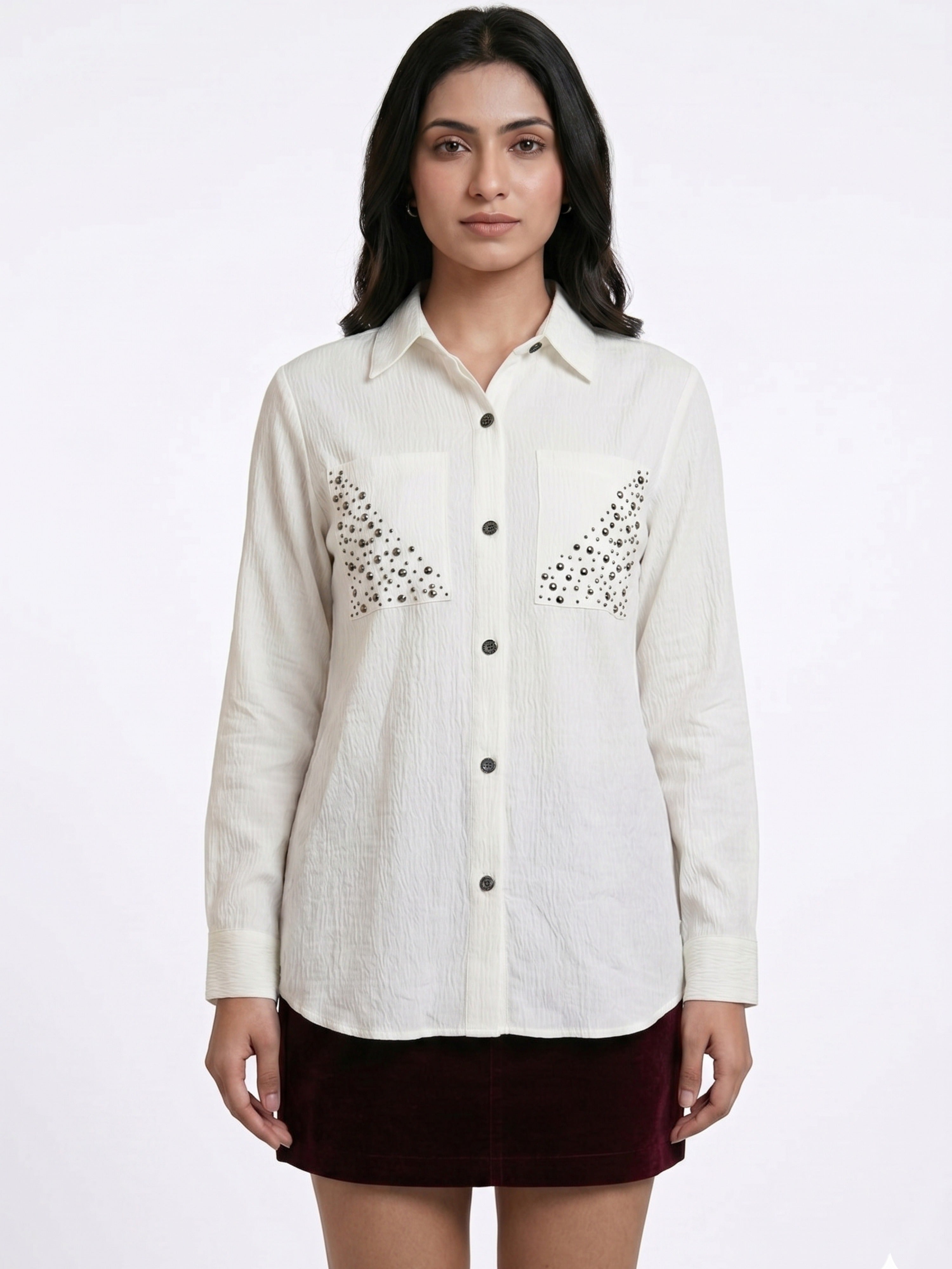 Ivory White Textured Shirt with Studded Pocket Detailing – Elegant Casual Statement Shirt