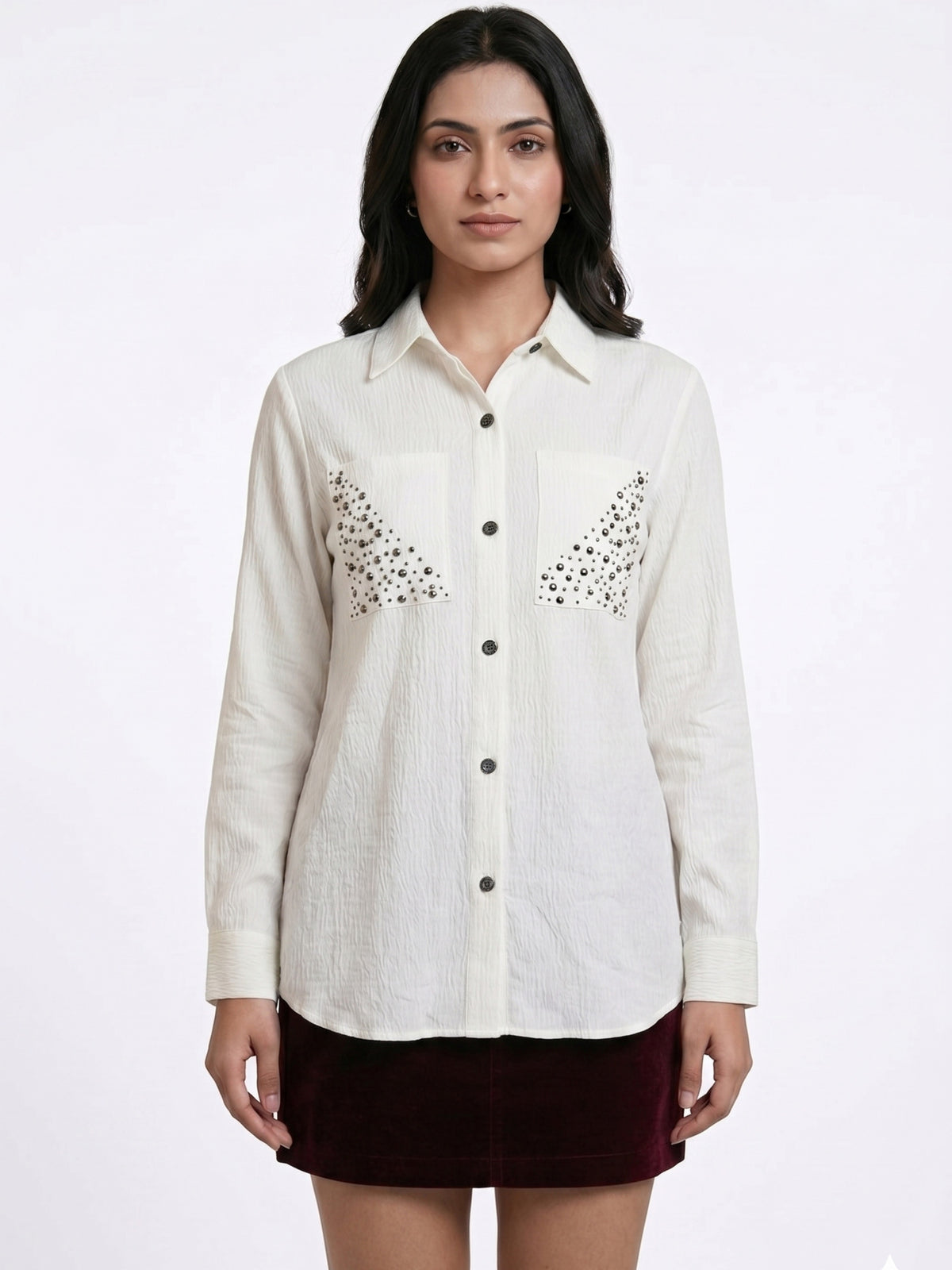 Ivory White Textured Shirt with Studded Pocket Detailing – Elegant Casual Statement Shirt