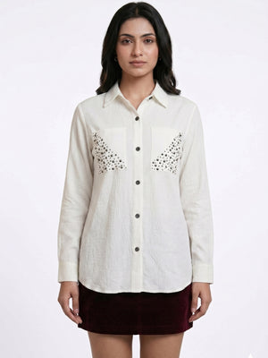 Ivory White Textured Shirt with Studded Pocket Detailing – Elegant Casual Statement Shirt