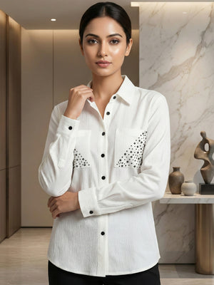 Ivory White Textured Shirt with Studded Pocket Detailing – Elegant Casual Statement Shirt
