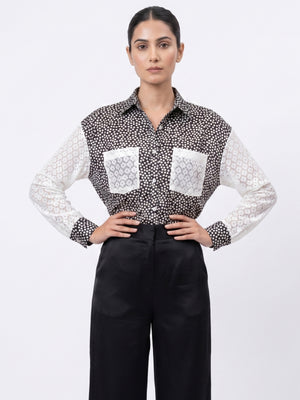 Women Polka Dot Cotton Shirt with Contrast Lace Sleeves & Pocket Detailing – Chic Statement Top