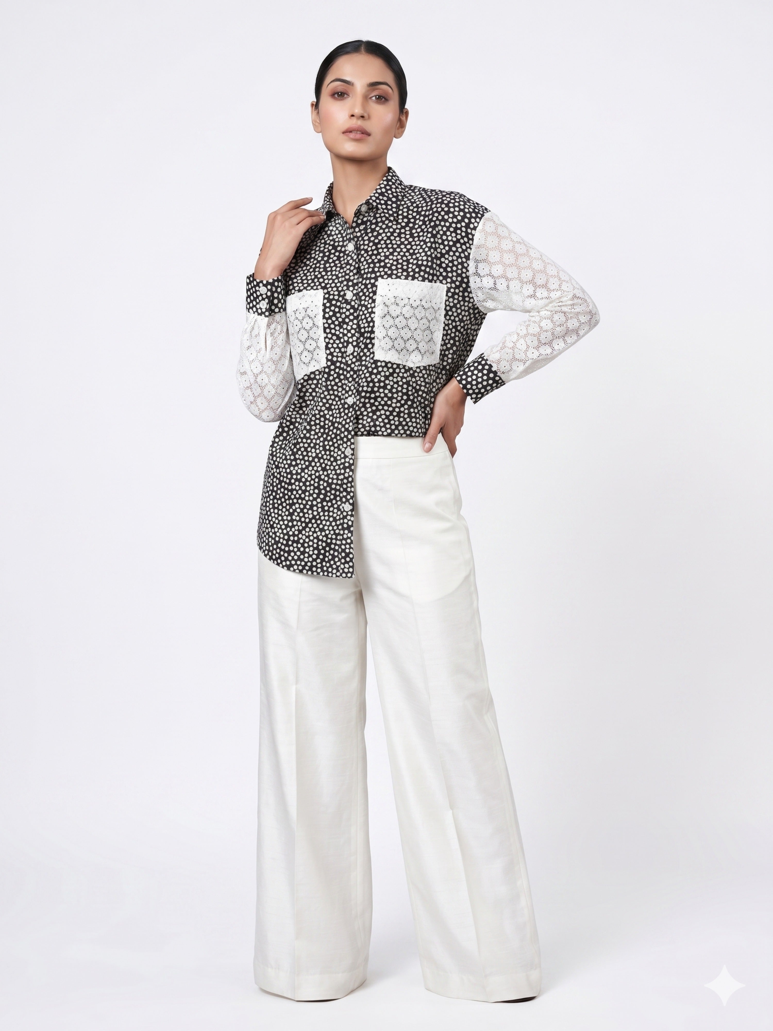 Women Polka Dot Cotton Shirt with Contrast Lace Sleeves & Pocket Detailing – Chic Statement Top