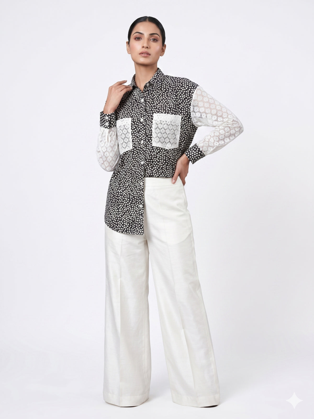 Women Polka Dot Cotton Shirt with Contrast Lace Sleeves & Pocket Detailing – Chic Statement Top