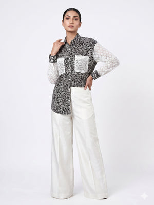 Women Polka Dot Cotton Shirt with Contrast Lace Sleeves & Pocket Detailing – Chic Statement Top