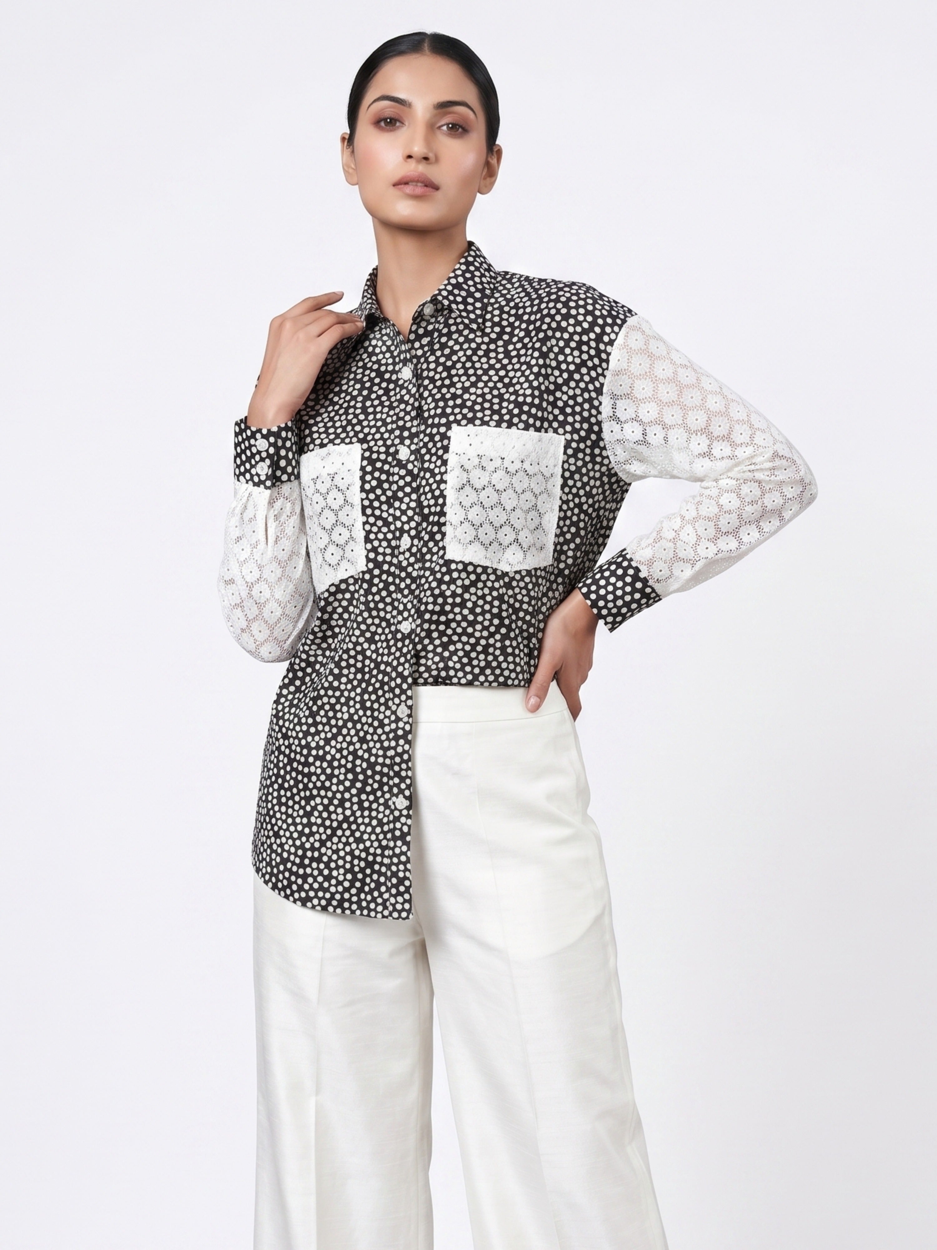 Women Polka Dot Cotton Shirt with Contrast Lace Sleeves & Pocket Detailing – Chic Statement Top
