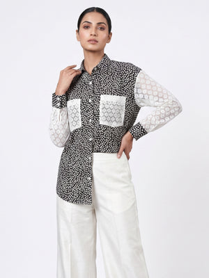 Women Polka Dot Cotton Shirt with Contrast Lace Sleeves & Pocket Detailing – Chic Statement Top