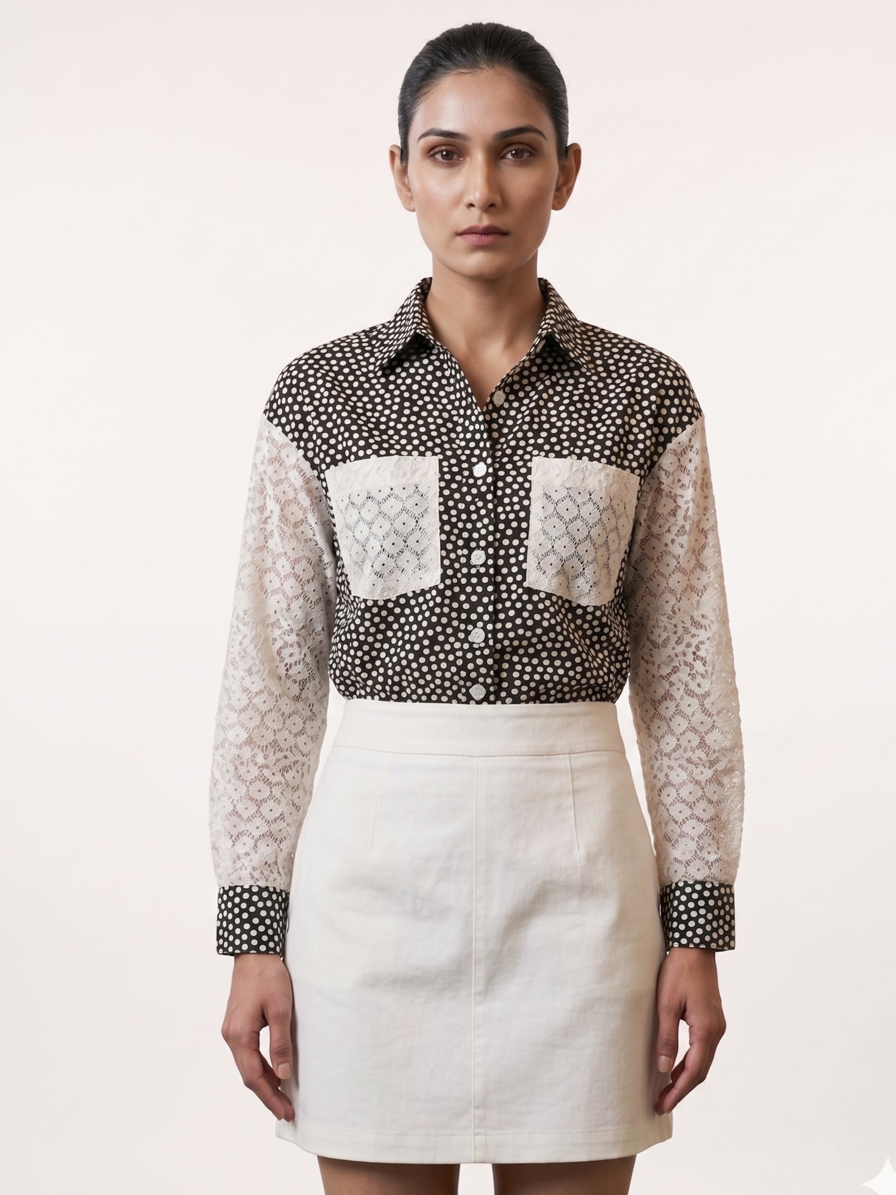 Women Polka Dot Cotton Shirt with Contrast Lace Sleeves & Pocket Detailing – Chic Statement Top