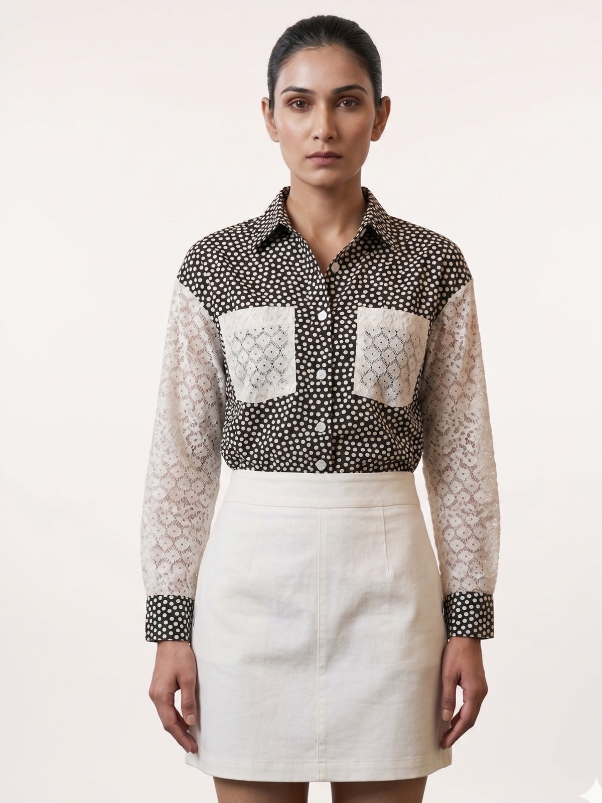 Women Polka Dot Cotton Shirt with Contrast Lace Sleeves & Pocket Detailing – Chic Statement Top