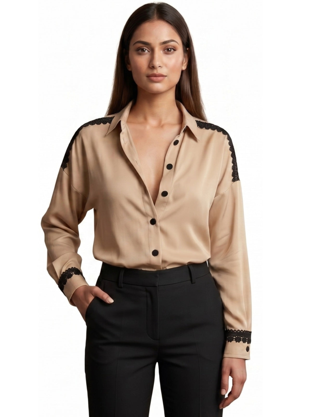 Women Champagne Satin Shirt | Elegant Contrast Detail Statement