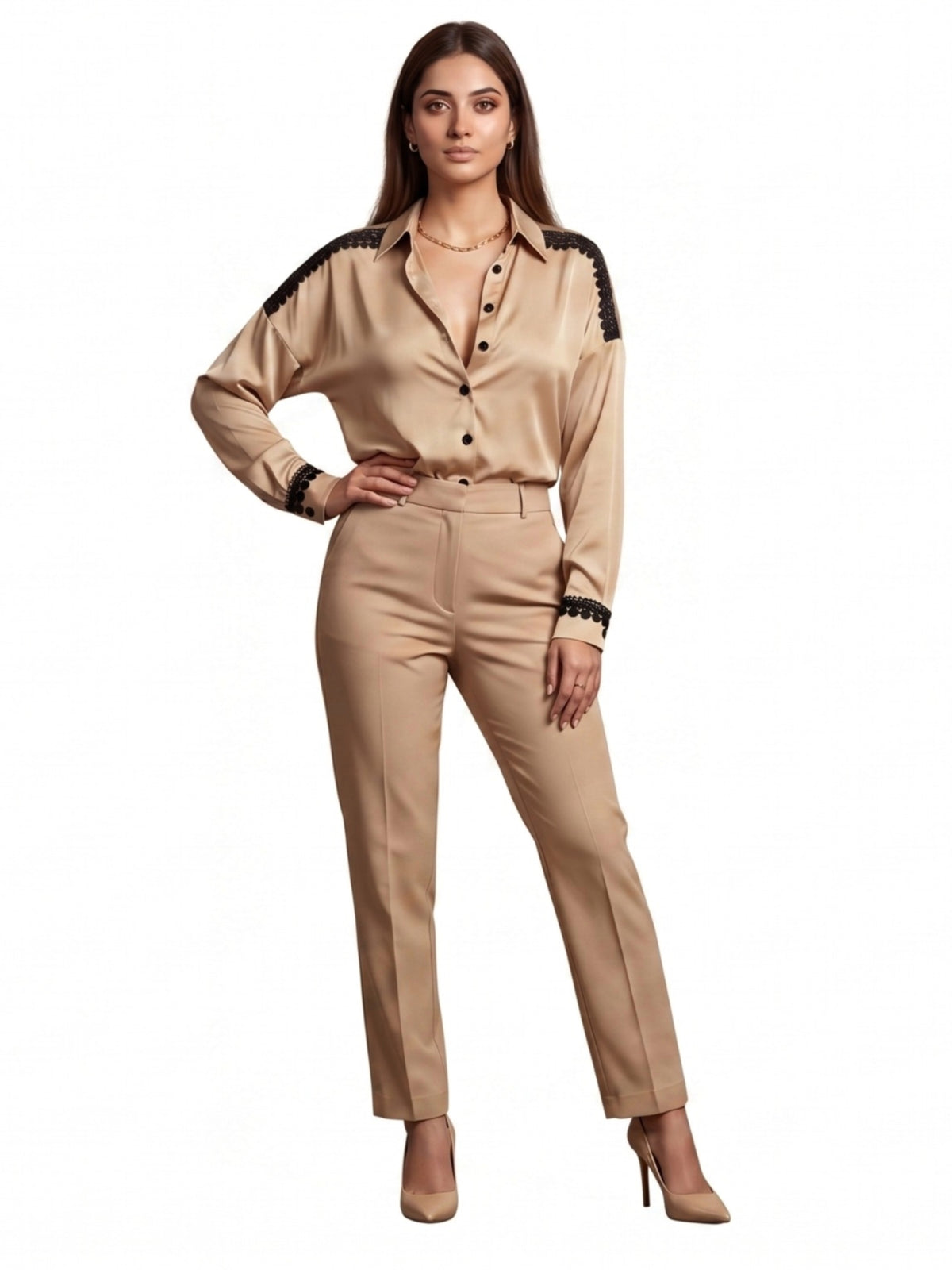 Women Champagne Satin Shirt | Elegant Contrast Detail Statement