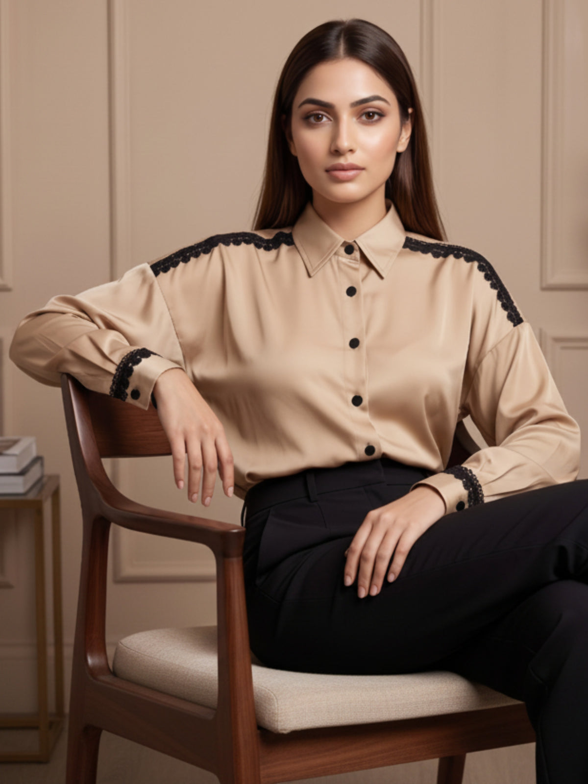 Women Champagne Satin Shirt | Elegant Contrast Detail Statement