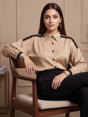 Women Champagne Satin Shirt | Elegant Contrast Detail Statement
