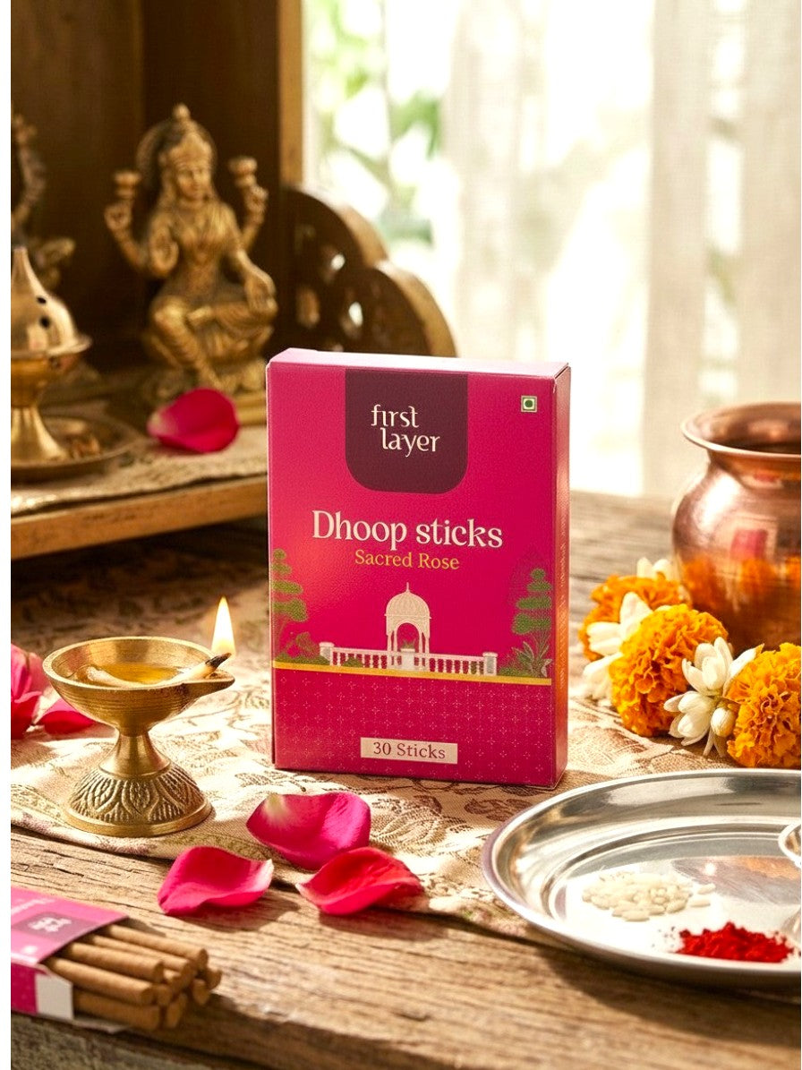 FIRSTLAYER Sacred Rose Natural Dhoop Sticks | Herbal Incense for Puja, Meditation & Positive Energy | Long Lasting Fragrance |Sacred Rose