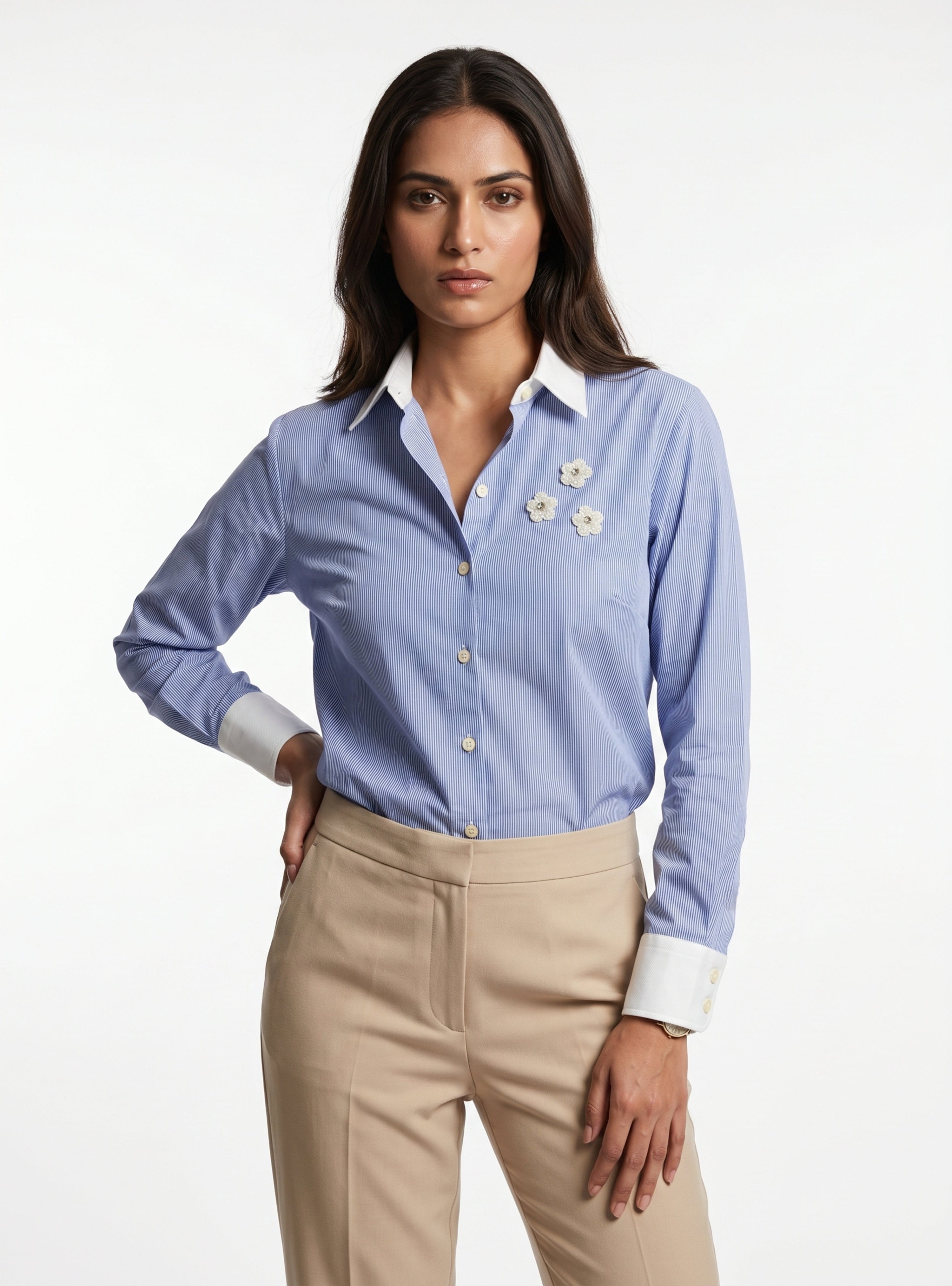 Women Blue Stripe Cotton Shirt | Floral Embellished Contrast Collar Style