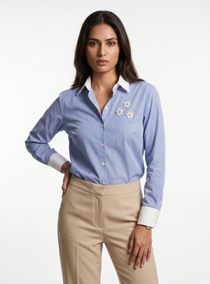 Women Blue Stripe Cotton Shirt | Floral Embellished Contrast Collar Style