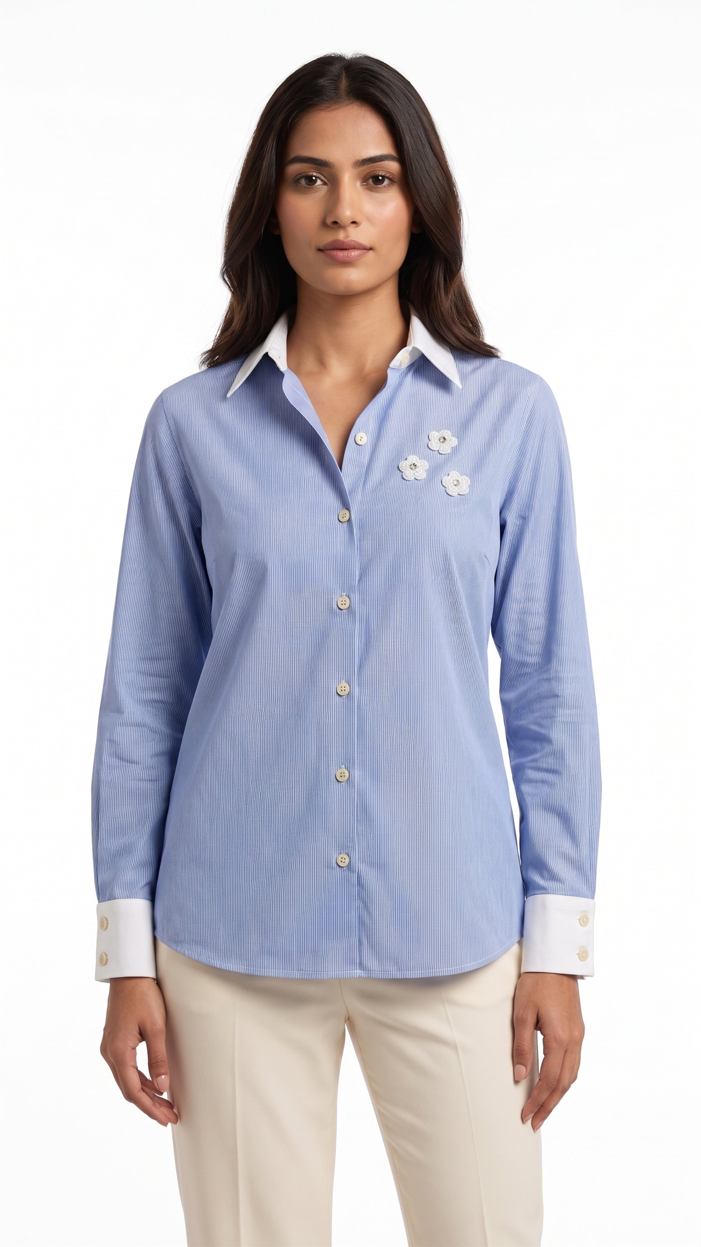 Women Blue Stripe Cotton Shirt | Floral Embellished Contrast Collar Style