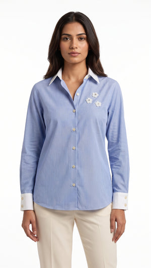 Women Blue Stripe Cotton Shirt | Floral Embellished Contrast Collar Style