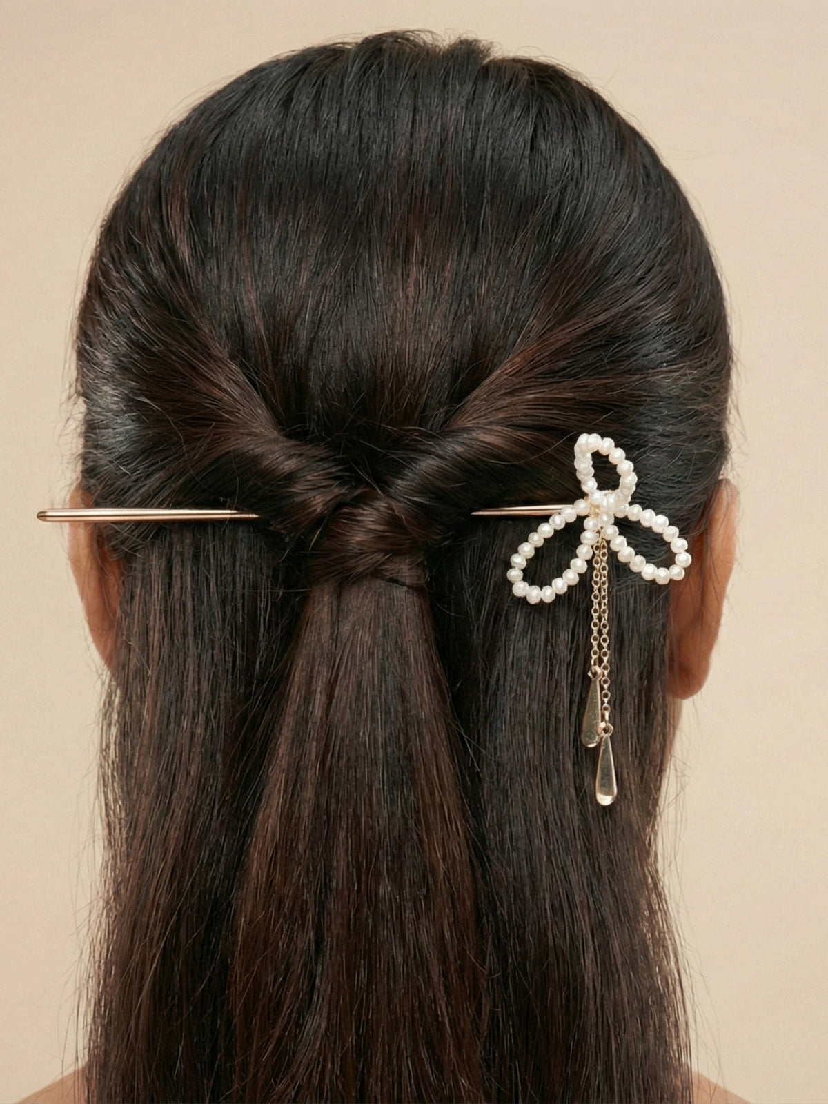 Statement Jewellery Hairstick – Silver Tone Bow Hair Pin with Elegant Chain Drops