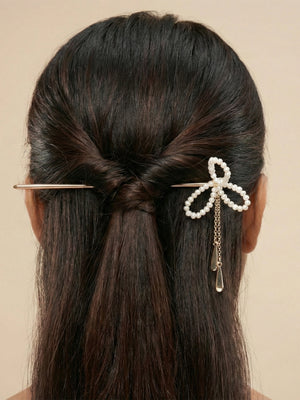 Statement Jewellery Hairstick – Silver Tone Bow Hair Pin with Elegant Chain Drops