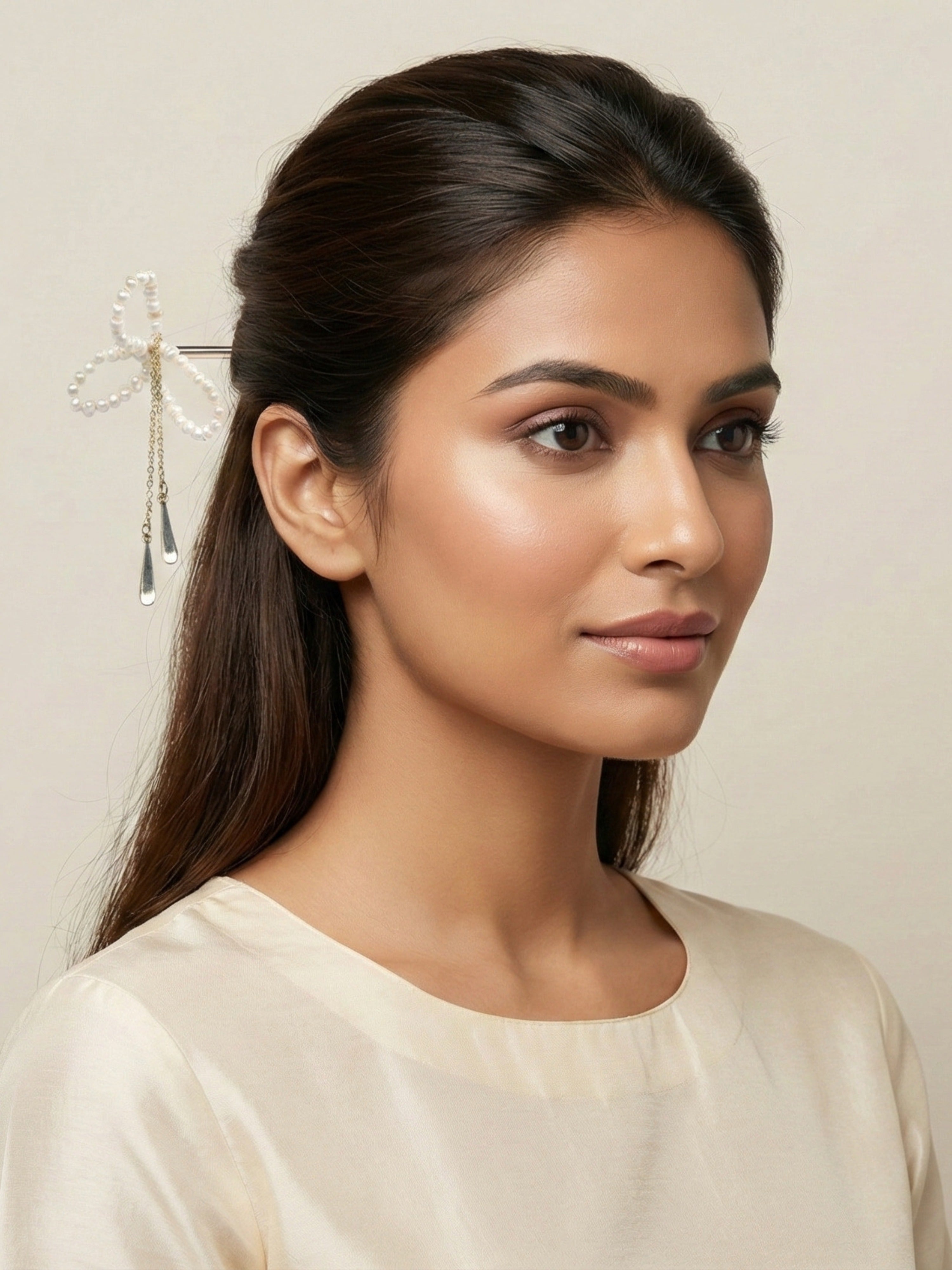 Statement Jewellery Hairstick – Silver Tone Bow Hair Pin with Elegant Chain Drops