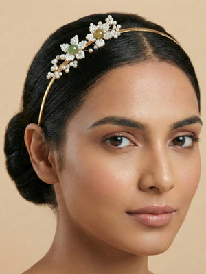 Statement Jewellery Floral Headband – Pearl & Crystal Handcrafted Gold Tone Hair Accessory