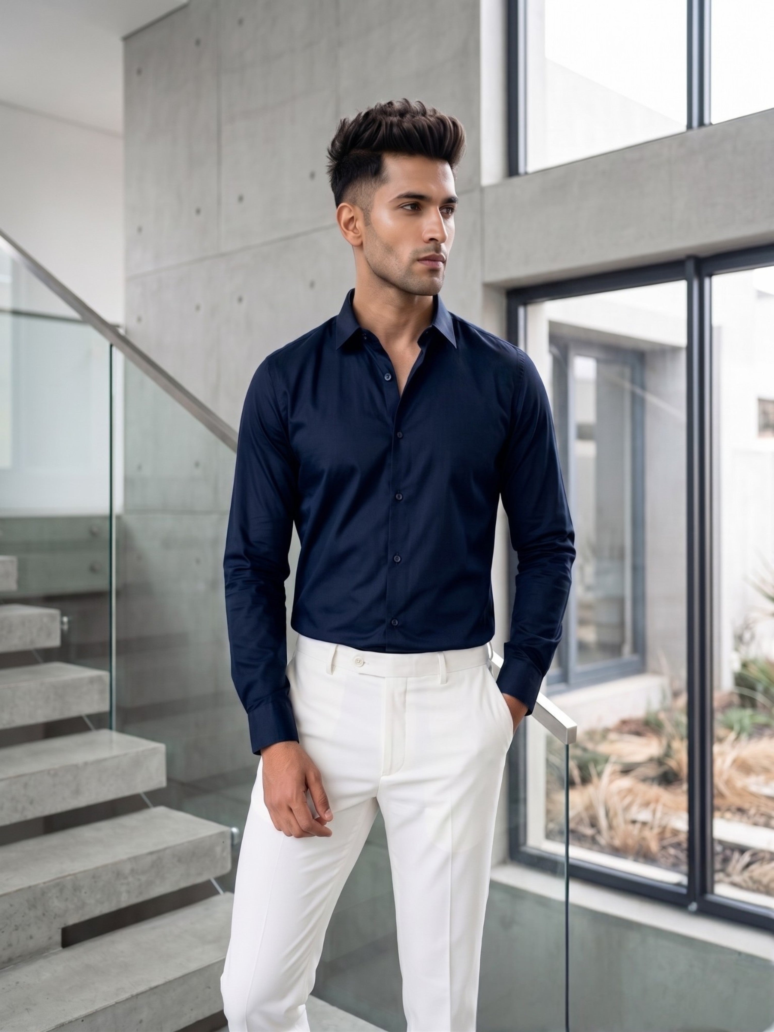FIRSTLAYER Men's Cotton Blend Formal Shirt | Stretch Fabric | Tailored Fit | Full Sleeve |Blue