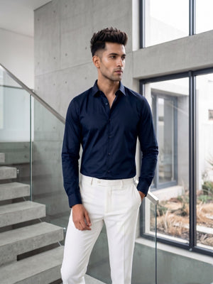 FIRSTLAYER Men's Cotton Blend Formal Shirt | Stretch Fabric | Tailored Fit | Full Sleeve |Blue