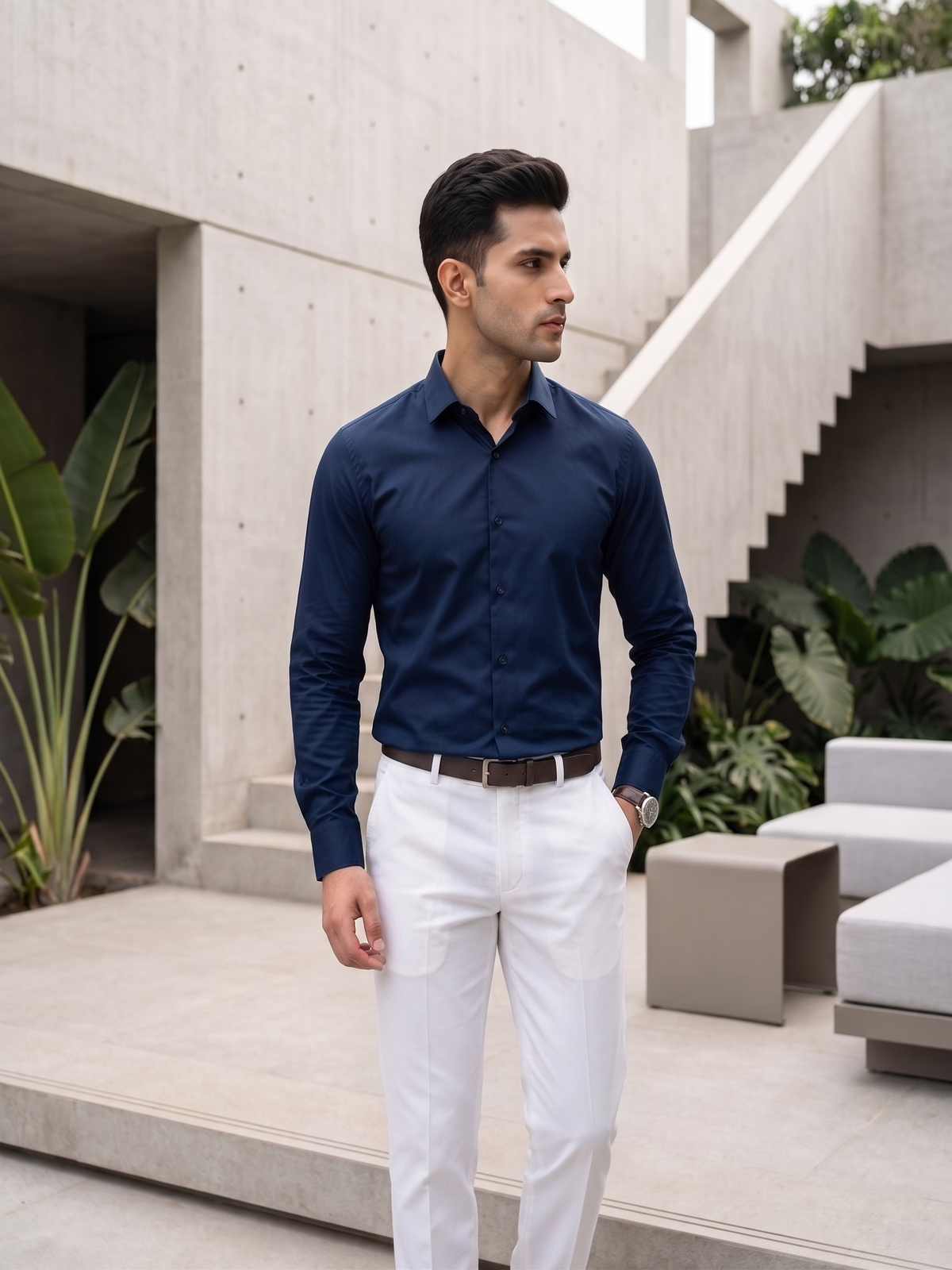 FIRSTLAYER Men's Cotton Blend Formal Shirt | Stretch Fabric | Tailored Fit | Full Sleeve |Blue