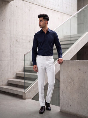 FIRSTLAYER Men's Cotton Blend Formal Shirt | Stretch Fabric | Tailored Fit | Full Sleeve |Blue