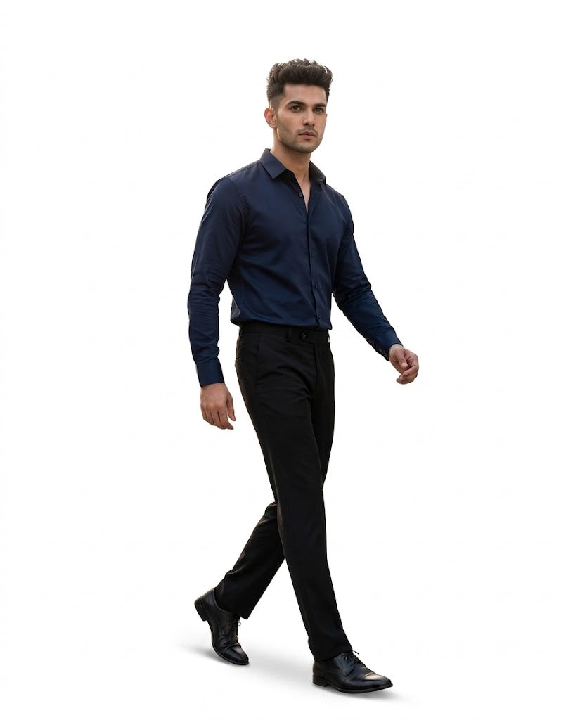 FIRSTLAYER Men's Cotton Blend Formal Shirt | Stretch Fabric | Tailored Fit | Full Sleeve |Blue