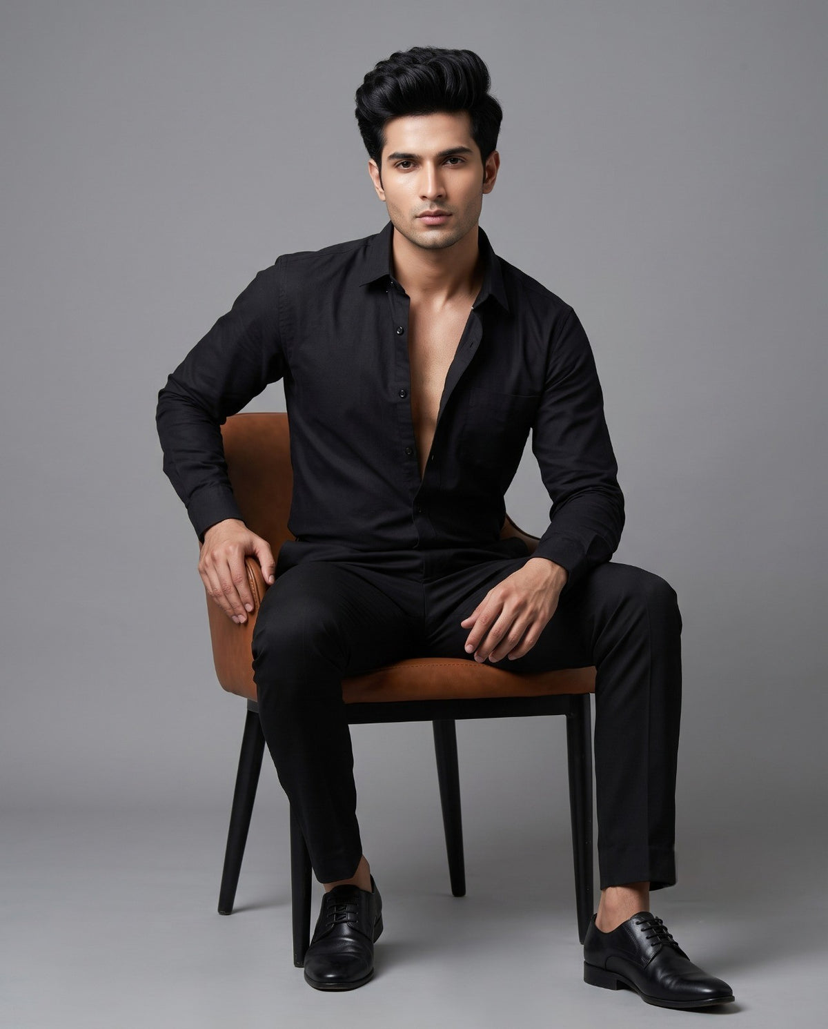 FIRSTLAYER Men's Cotton Blend Formal Shirt | Stretch Fabric | Tailored Fit | Full Sleeve |Black