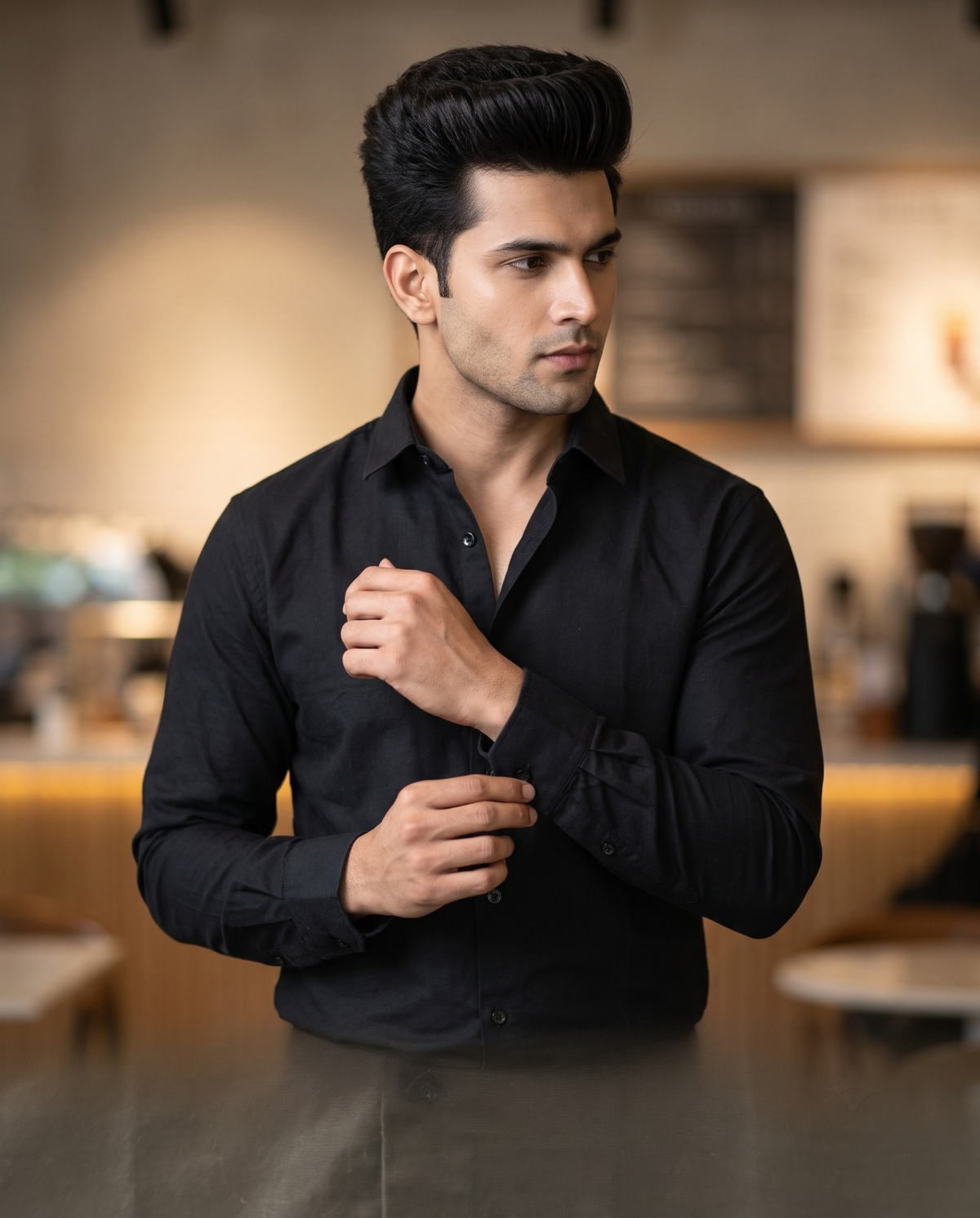 FIRSTLAYER Men's Cotton Blend Formal Shirt | Stretch Fabric | Tailored Fit | Full Sleeve |Black
