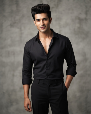 FIRSTLAYER Men's Cotton Blend Formal Shirt | Stretch Fabric | Tailored Fit | Full Sleeve |Black