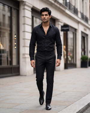 FIRSTLAYER Men's Cotton Blend Formal Shirt | Stretch Fabric | Tailored Fit | Full Sleeve |Black