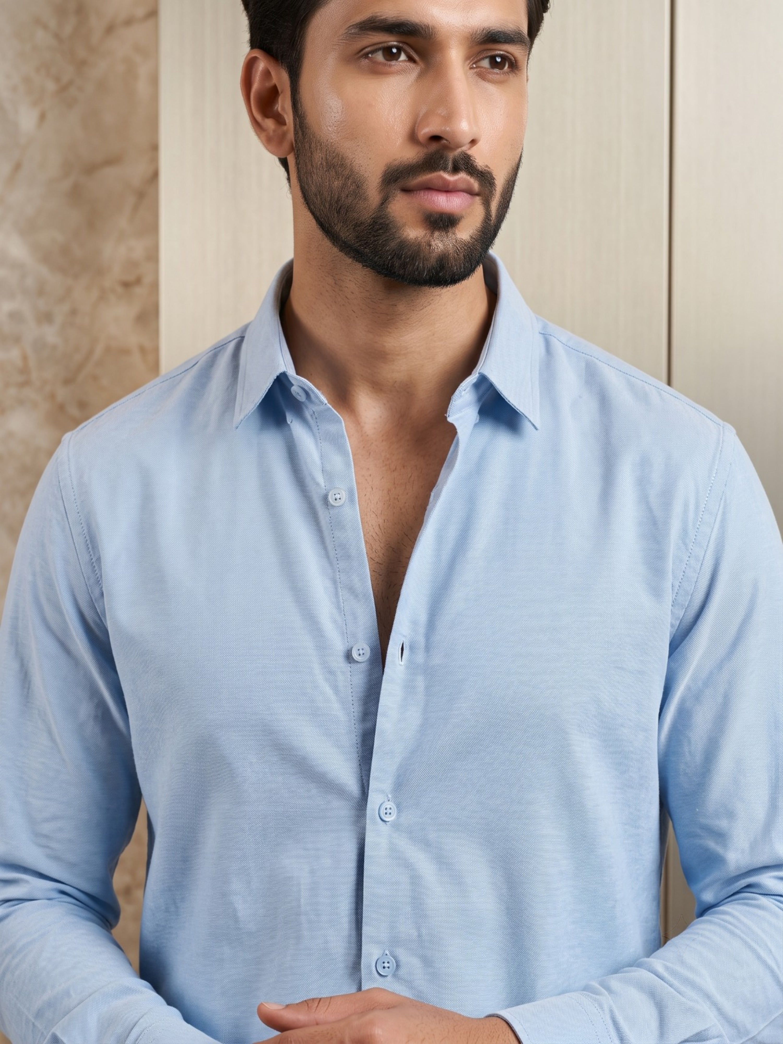 FIRSTLAYER Men's Cotton Blend Formal Shirt | Stretch Fabric | Tailored Fit | Full Sleeve |Light Blue